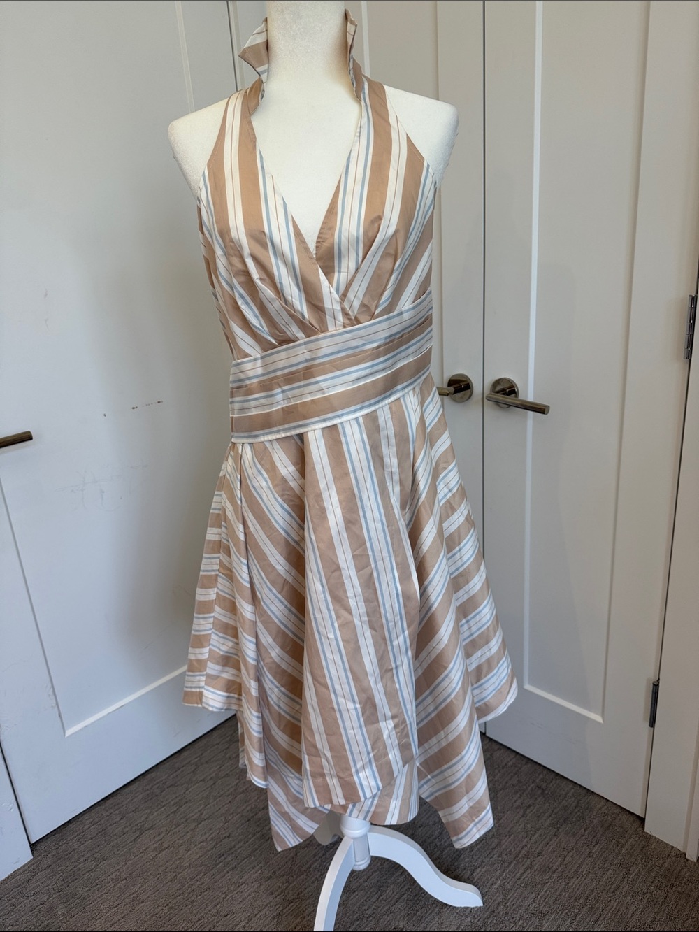 Maeve Beige and White Striped Halter Midi Dress